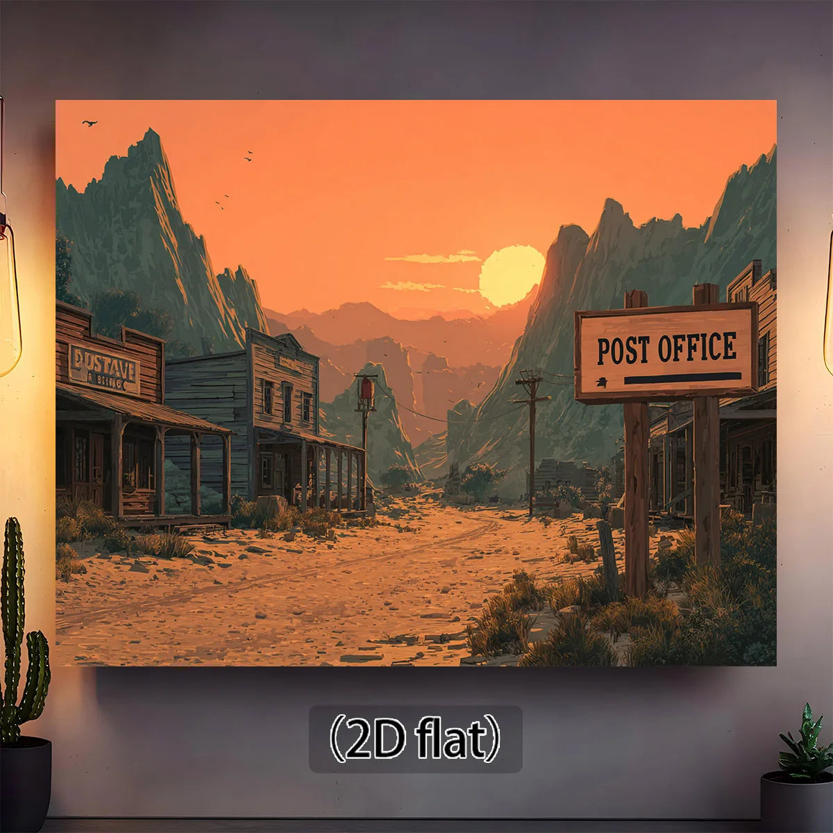 1 Wild West sunset background banner - featuring rugged mountains, post office logo and sunset sky - durable polyester