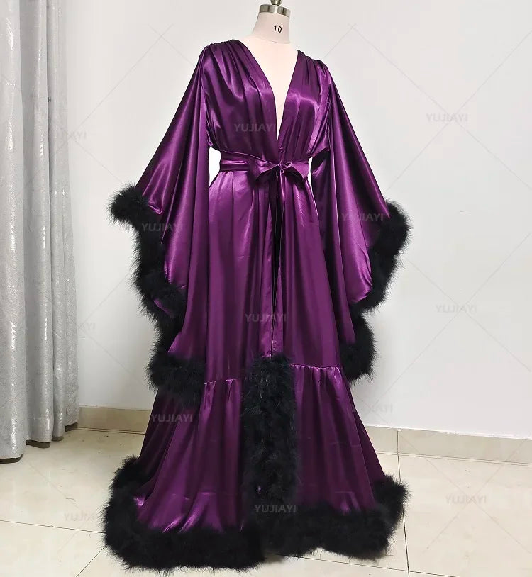 Customized Bathrobe for Women Flare Sleeves Feather Bridal Robe Nightgown Silk Long Wedding Scarf Dress Gown Photography Dress