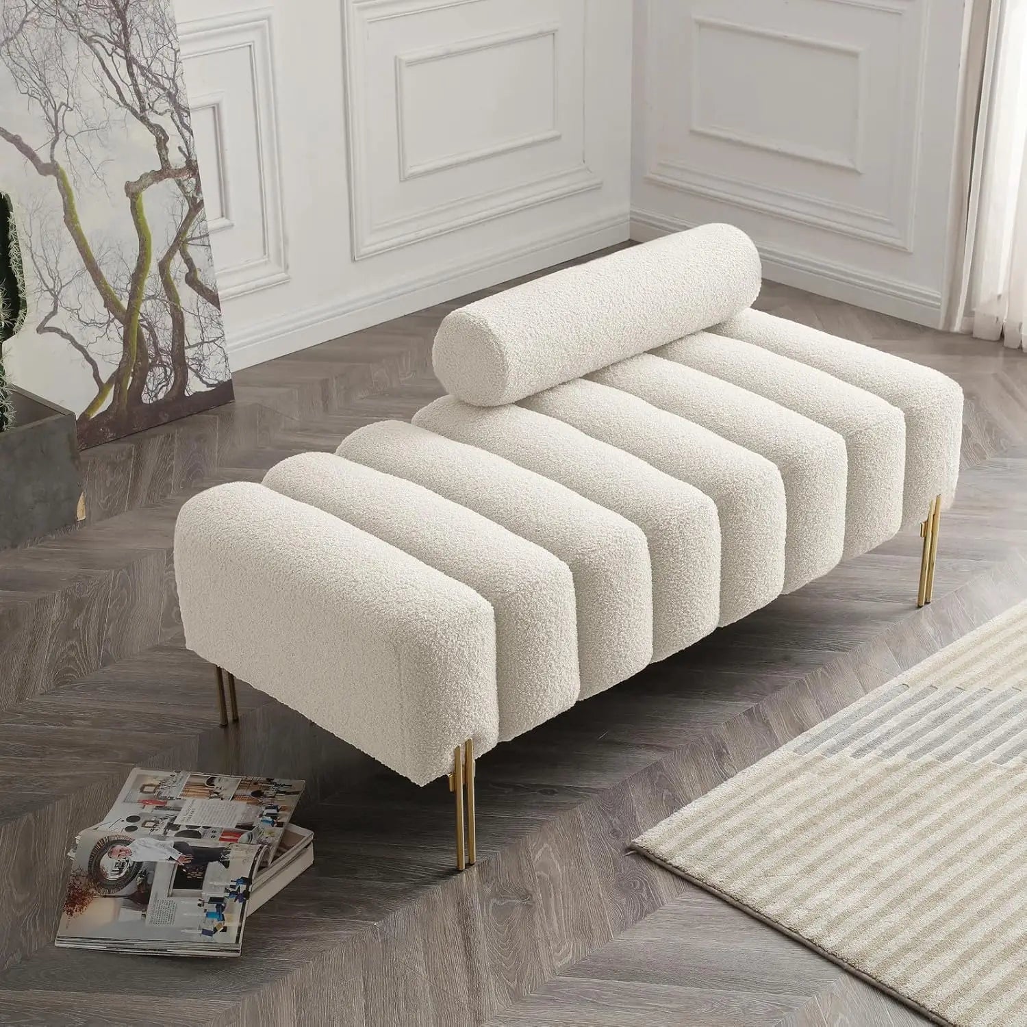 PU Leather Bedroom Ottoman Bench 53.2" Long Ottoman Benches for Living Room Bed End Rectangular Window Entryway Bench