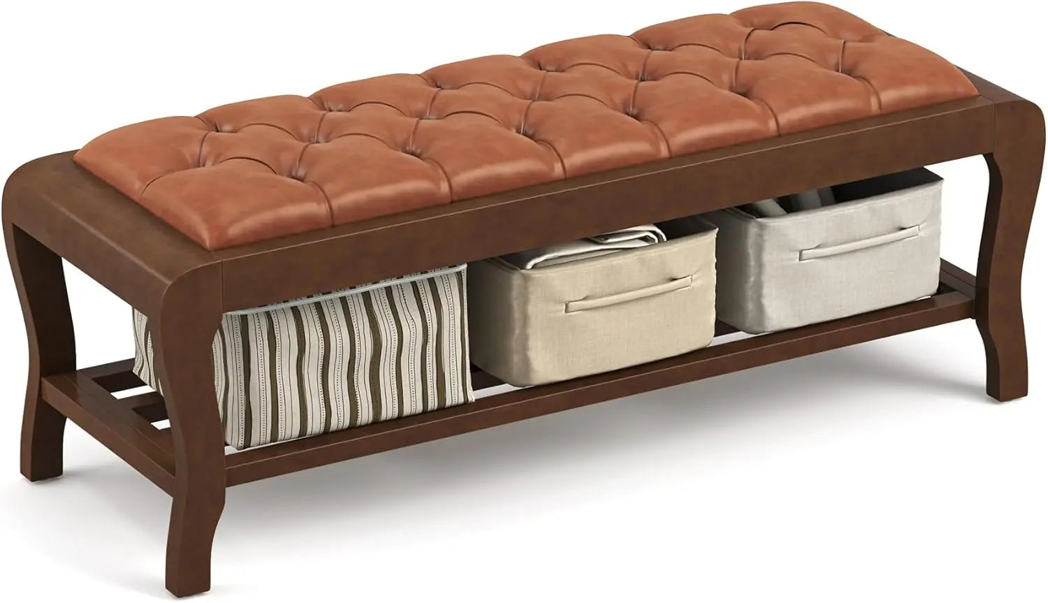 Bedroom Bench, 49" End of Bed Bench with Shelf, Upholstered Entryway Bench with Wooden Legs, Storage Ottoman Bench for Bedroom,