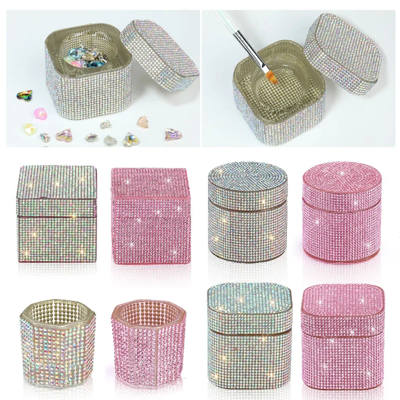 Nail Art Full Diamond Storage Bowl Nail Pen Brush Wash Cup Nail Salon Shiny Glass Crystal Cleaning Container Nail Art Accessory