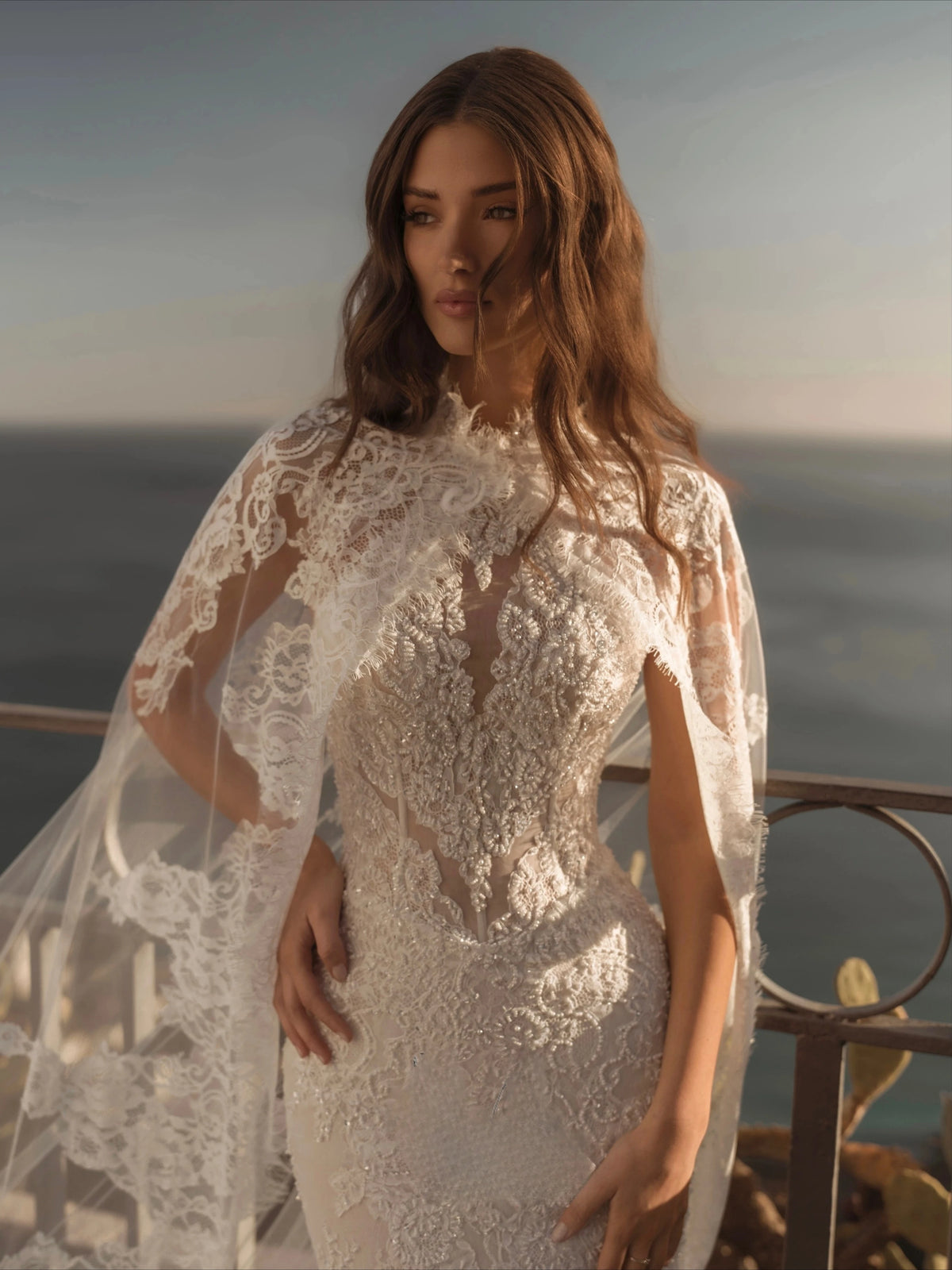 Customized Semor High Neck Lace Mermaid Wedding Dress Long Cape Sleeves Corset Luxury Style Bridal Gown Vestidos De Novia