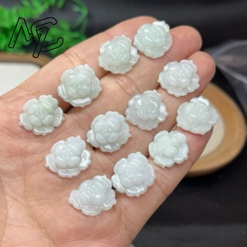 5Pcs Natural A Grade Jadeite Lotus Flower Charms Hand Carved Jade Flower Beads DIY Necklace Bracelet Jewelry Making Accessories
