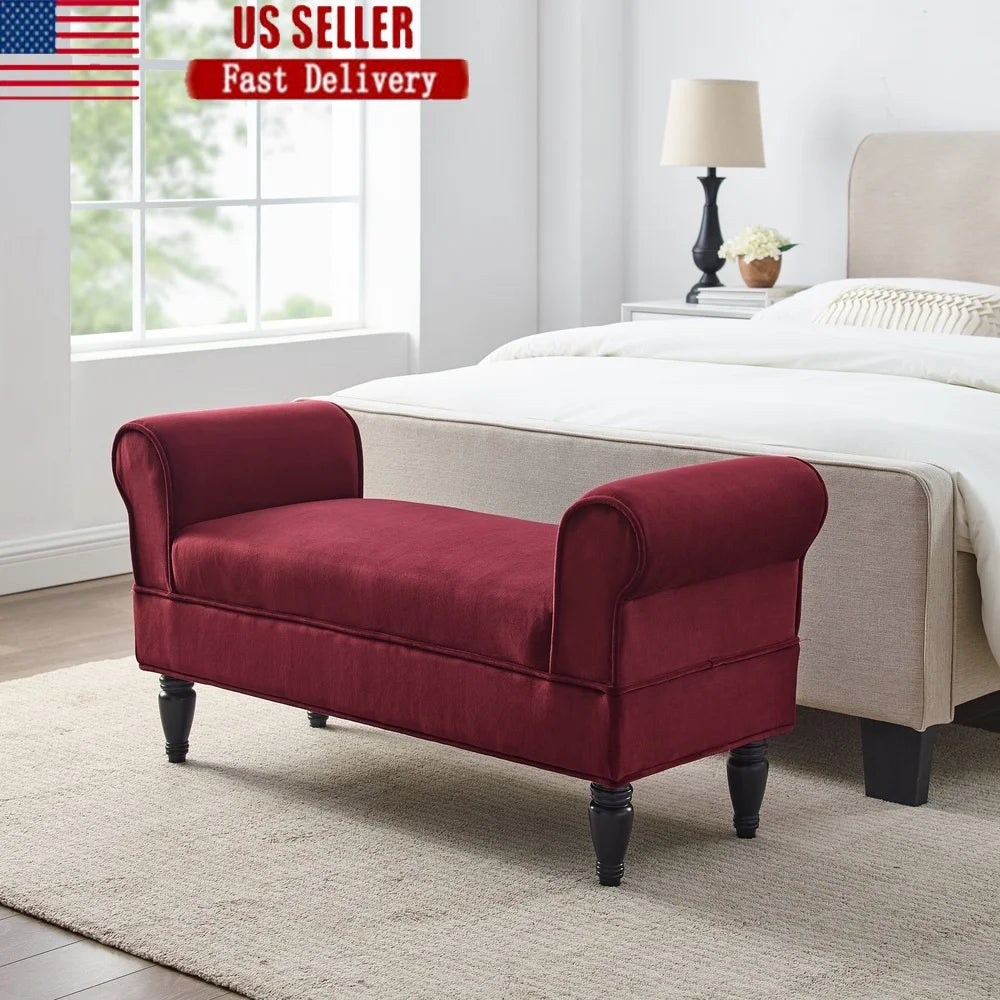 Stylish Upholstered Bench Living Room Bedroom Entryway Cushioned Seating Dark Mahogany Legs Rolled Sides Indoor Use Assembly