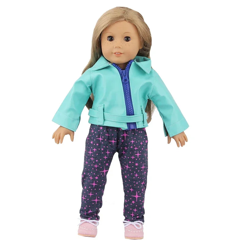 1 Set Leather Coat+T-shirt+Pants Doll Clothes Set For 17 Inch&43cm New Born Baby Doll Outfit For American 18 Inch Girl Dolls Toy