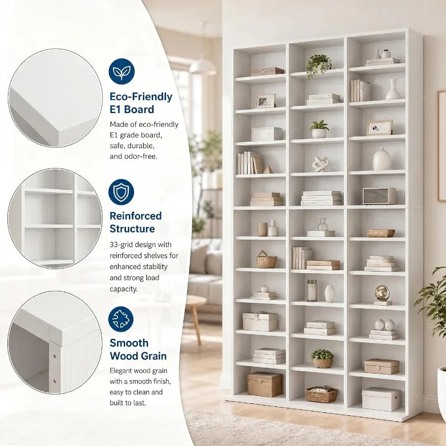 Tall Media Storage Cabinet Tower Bookcase for Living Room, MDF Wood, White, 7/9/11-Tier with 21/27/33 Compartments for Organize