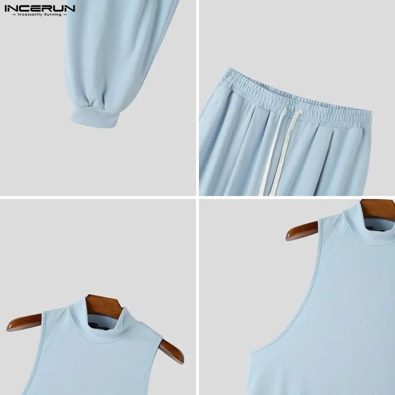 INCERUN Men Sets Solid Color Turtleneck Sleeveless Tank Tops Pants Two Piece Sets Streetwear Casual Men Matching Sets Tracksuits