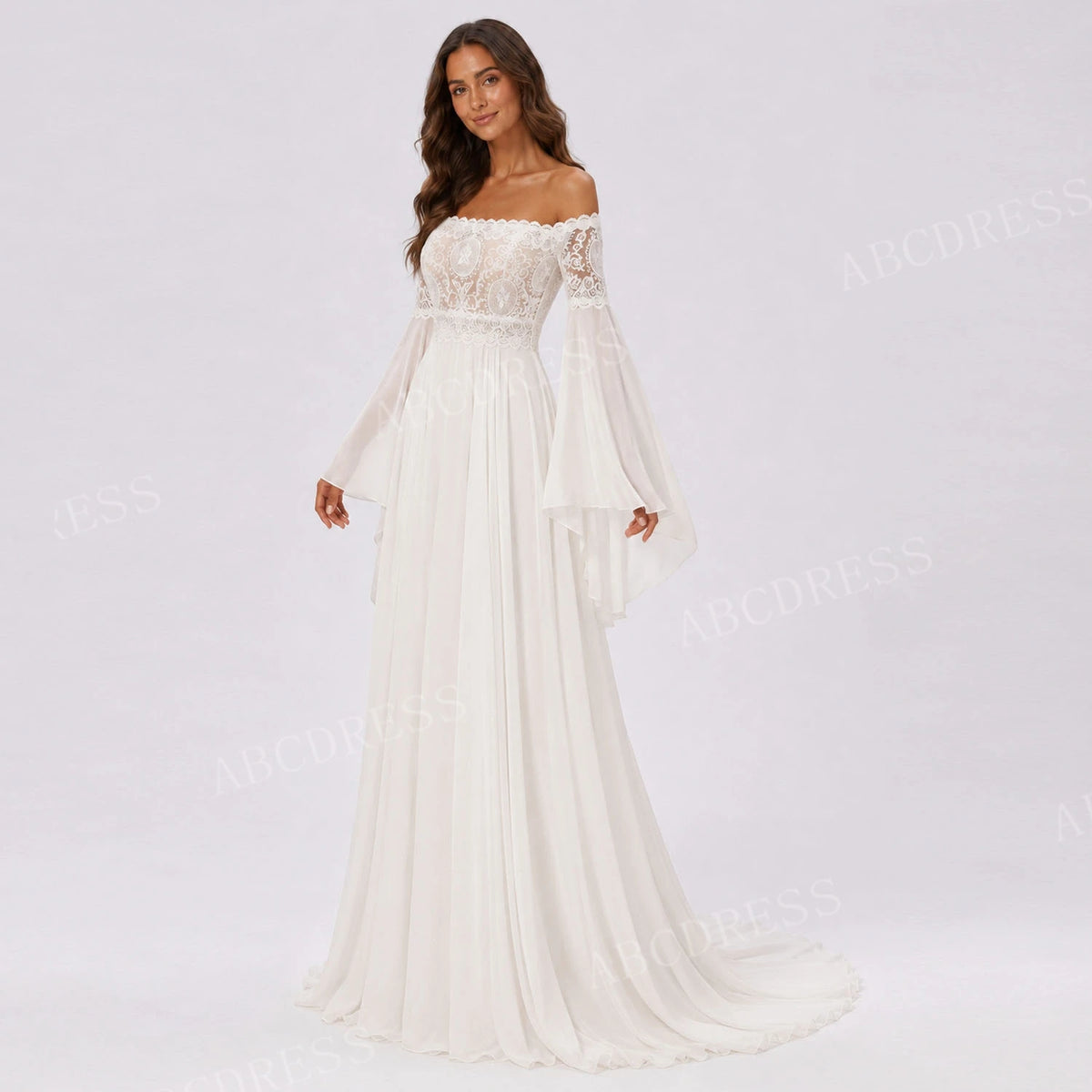 ABCDRESS Customized Elegant Lace Applique Bridal Gown Chiffon A-Line Wedding Dresses Sheer Long Bell Sleeves Lady Dress