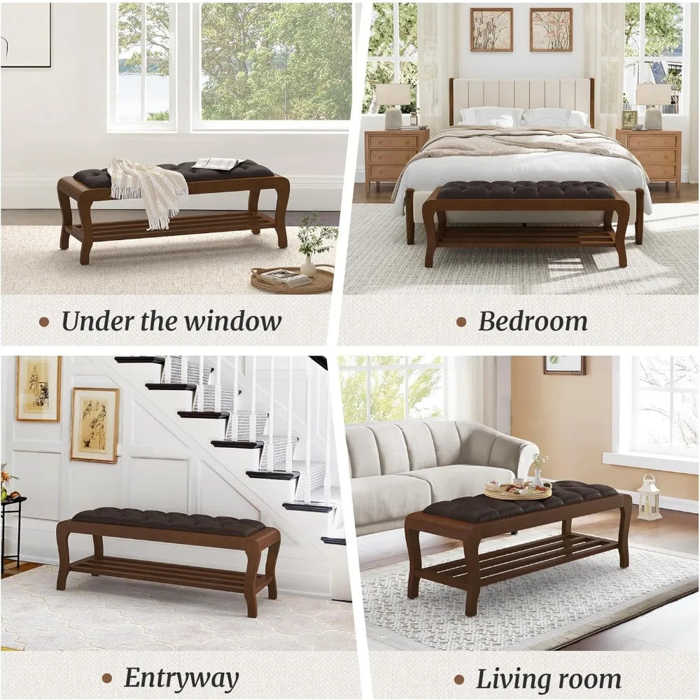 Bedroom Bench, 49" End of Bed Bench with Shelf, Upholstered Entryway Bench with Wooden Legs, Storage Ottoman Bench for Bedroom,