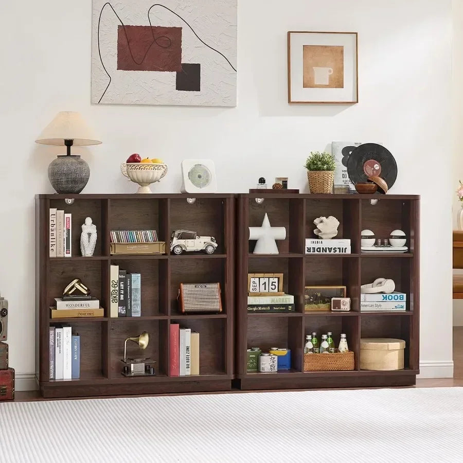 Living room and home office bookshelf: walnut wood 9-cube organizer with curved edge, 40.5 wide floor-standing 3-tier cubby she