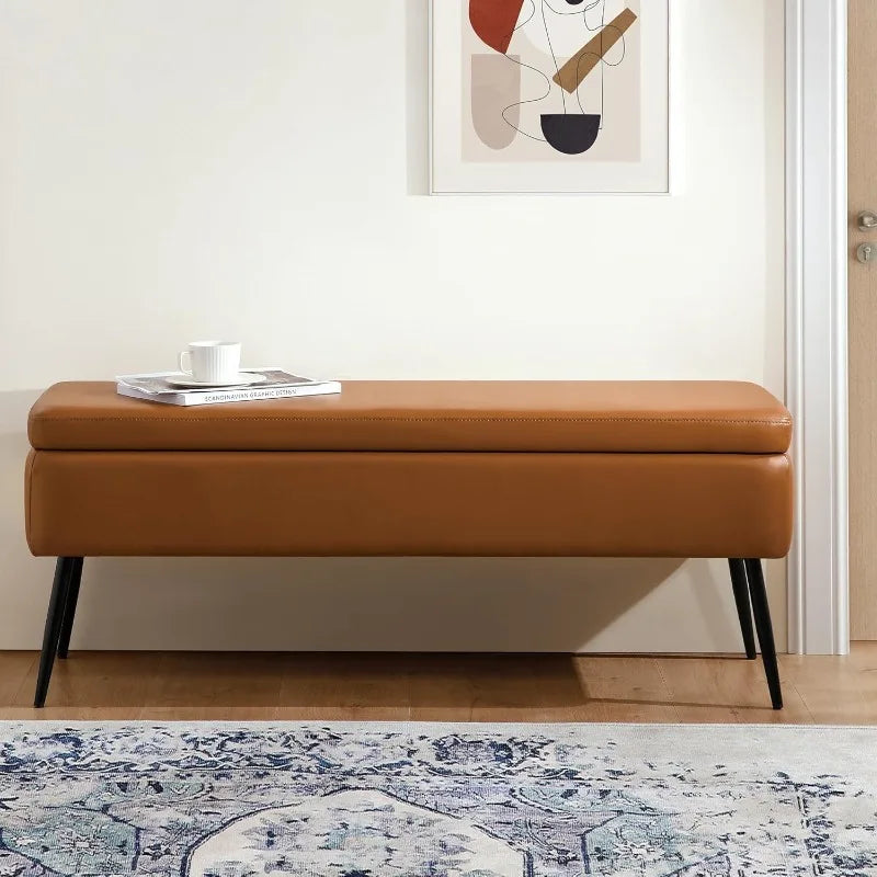 Leather Storage Ottoman Bench,End of Bed Bench Living Room Bedroom Dinning Room Entryway,Loads 660 lb (Without Button, Brown)