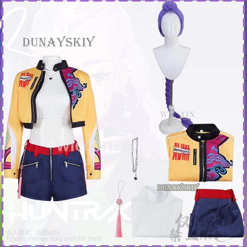 Anime Movie Demon Kpop Girl Group Cosplay Rumi Singing Costume Yellow Punk Y2K Coat Short Pants Long Wigs Halloween Party Cos
