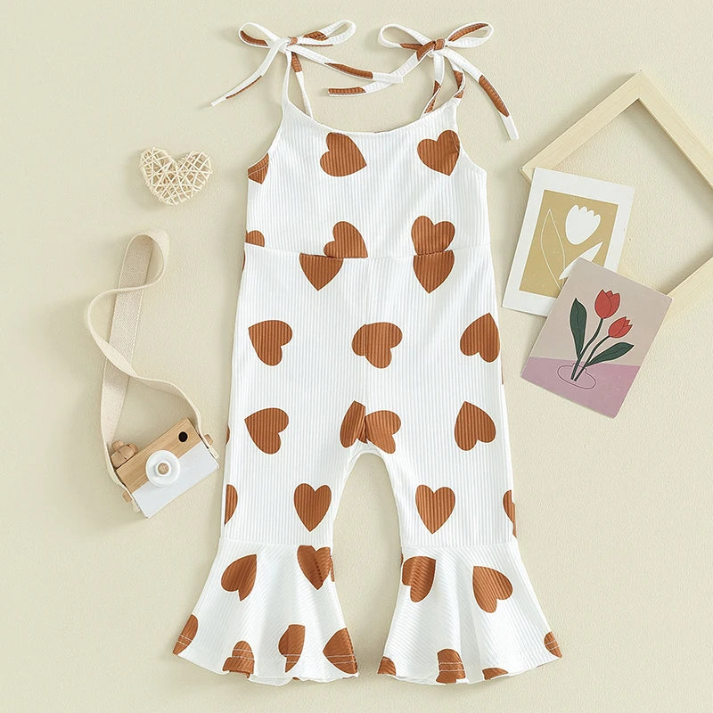 1-5Y Toddler Girls Valentine's Day Jumpsuit Heart Print Sleeveless Tie-Up Spaghetti Straps Bell-Bottoms Romper Overalls Clothes