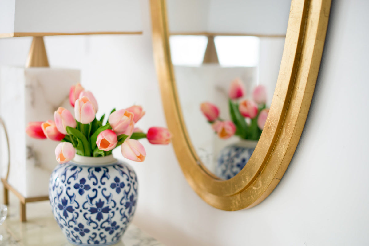 Shield-Shaped Gold Metal Frame Wall Mirror, 24 × 46 in