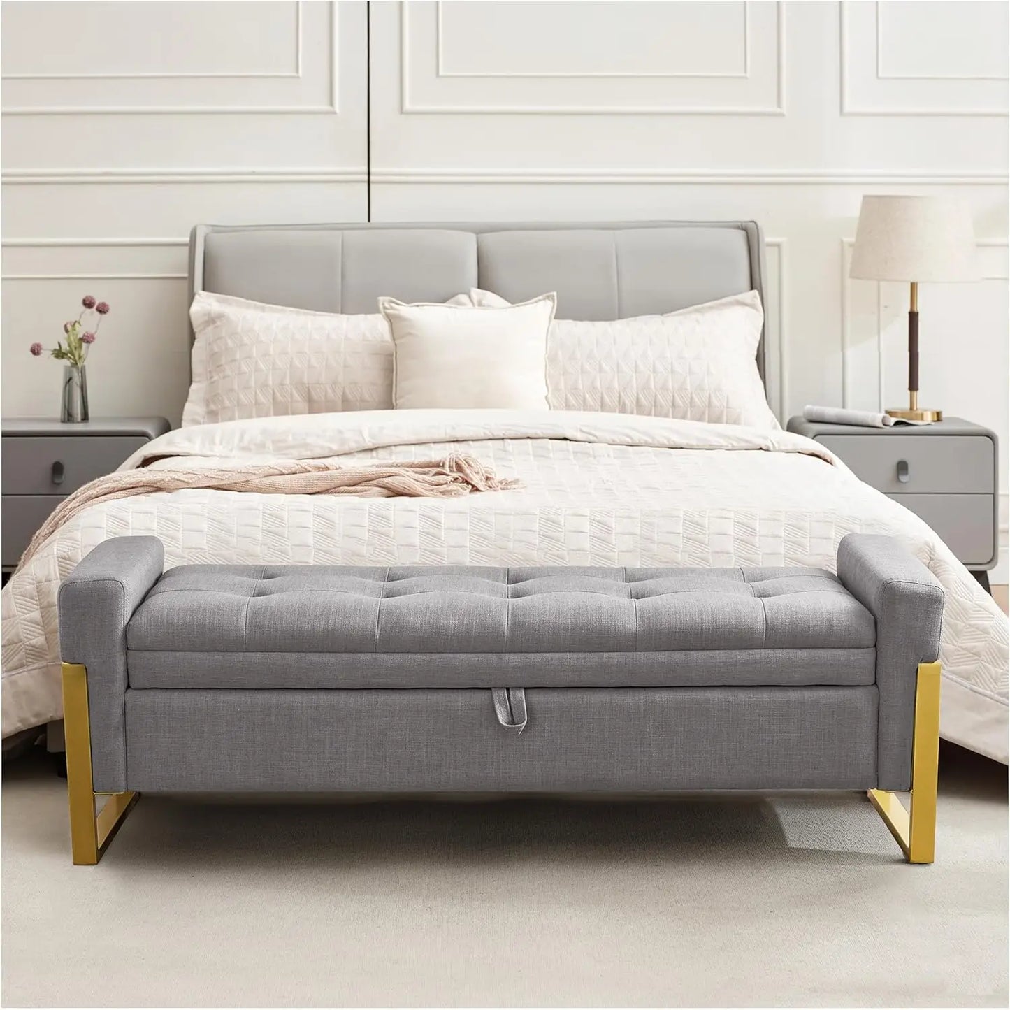 Storage Ottoman Bench, Upholstered PU Leather End of Bed Bench with Tufted Button&Gold Metal Legs for Bedroom
