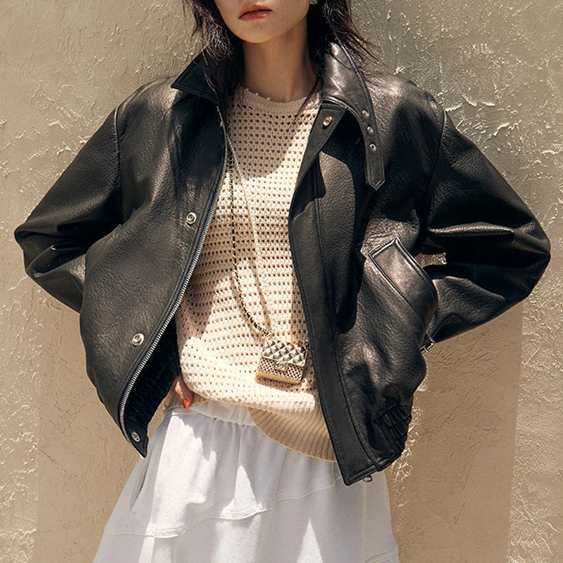 Leather Jacket for Women Short Silm Harajuku Locomotive Casacos Feminino Foamed Sheepskin Single-Breasted Square Collar Outwears