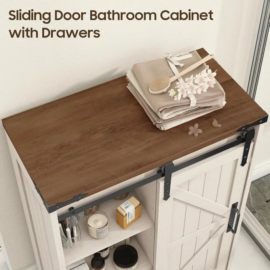 Farmhouse bathroom storage cabinet with 4 drawers and sliding door, white MDF, rustic style for bathroom kitchen living room