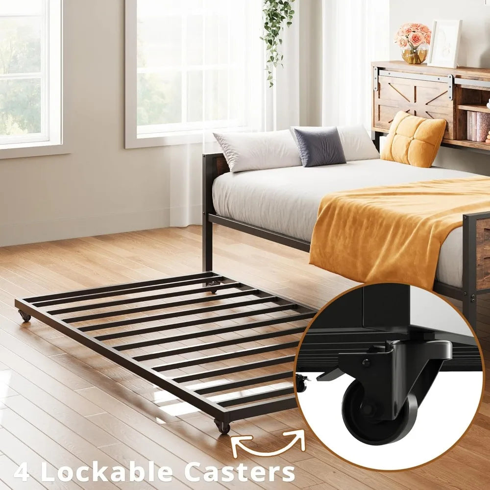 Daybed with Trundle, Rustic Bed Twin with Storage and Charging Station for Living Room, Bedroom and Guest Room