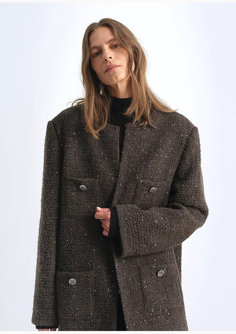 Circle Texture Sequined Wool Tweed Round Neck Long Chanel Style Coat