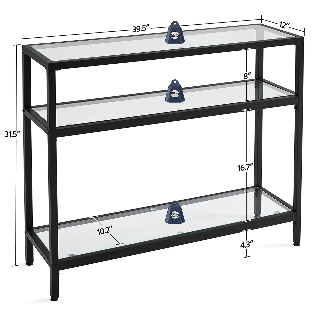 Console Table, Metal Frame and Tempered Glass Sofa Table with 3 - Layer Storage Shelves for Living Room, Entryway, Corridor, Hallway, Black