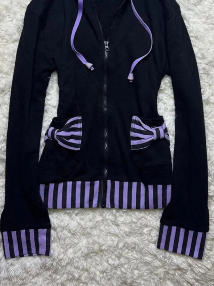 American Vintage Gothic Black Hooded Sweatshirt Autumn Winter Thin Coat Women Y2k Aesthetic Grunge Long Sleeve Jackets