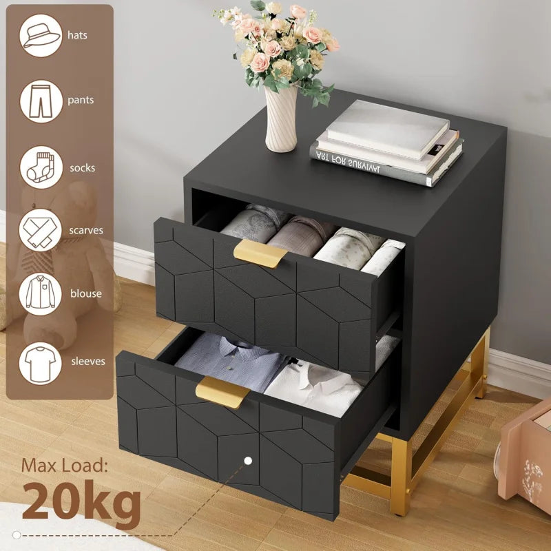 Black Nightstand, Modern 2 Drawer Dresser for Bedroom, Large End Side Table Bedside Table with 2 Drawers, Wooden Nigh