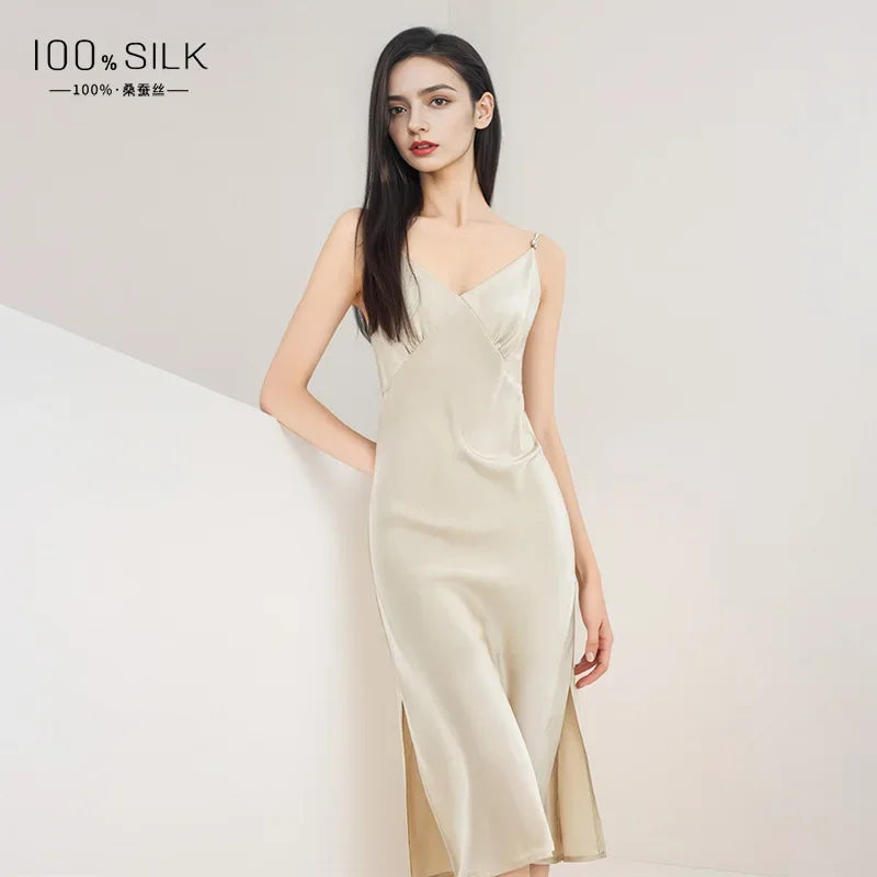 100% Mulberry Silk Sling Nightdress Sexy Slip Nightwear Pure Silk Long Nightgown Lingerie Slit Women Maxi Underwear Sleepwear