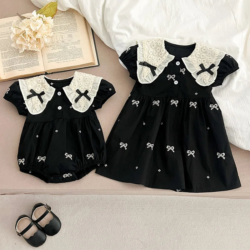 0-6Yrs Sister Matching Outfit Baby Romper Princess Dresses Newborn Clothes Short Sleeved Baby Girl Embroidered Dress Doll Collar