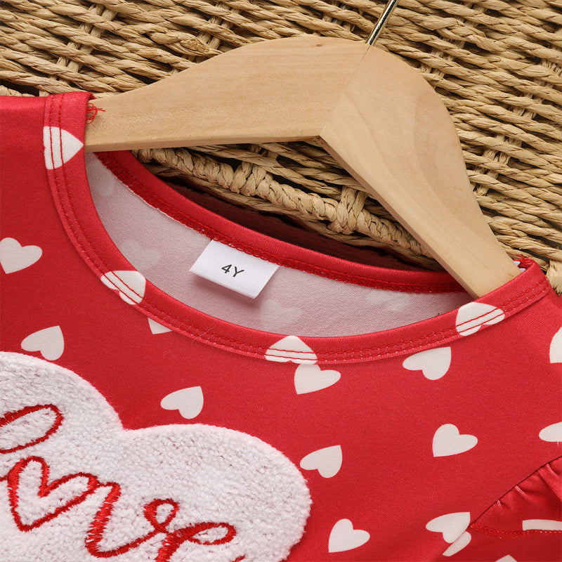 Toddler Girl's Cute 'LOVE' Embroidered Dress, Heart Print Long Sleeve