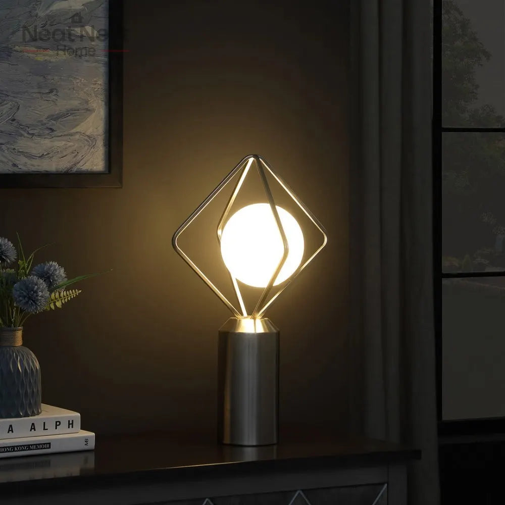 Modern Silver Metal Lamp ,with White glass orb shade,Bedside light with Glass and Brushed Silver Metal Table base,for bedroom
