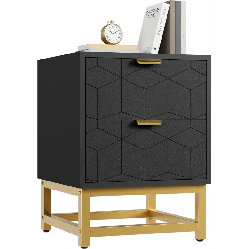 Black Nightstand, Modern 2 Drawer Dresser for Bedroom, Large End Side Table Bedside Table with 2 Drawers, Wooden Nigh