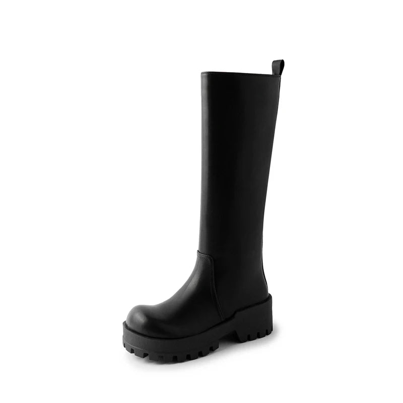 2025 New Platform Women Riding Boots Genuine Leather Knee-high Modern Rain Boots Outdoor Party Shoes