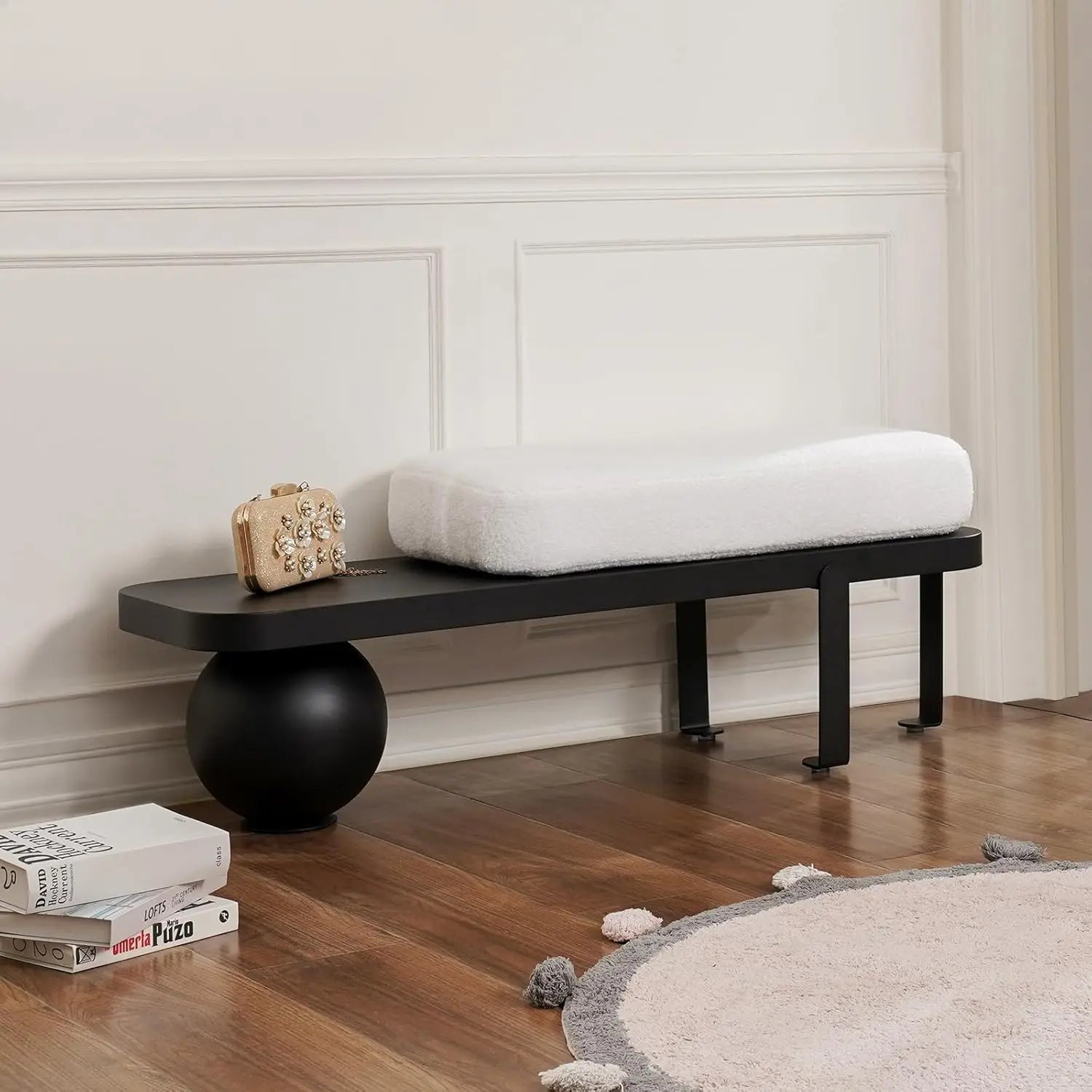 Entryway Bench, Wooden Bench Boucle Upholstered Bench with Abstract Metal Leg for Entryway/Bedroom/Living Room