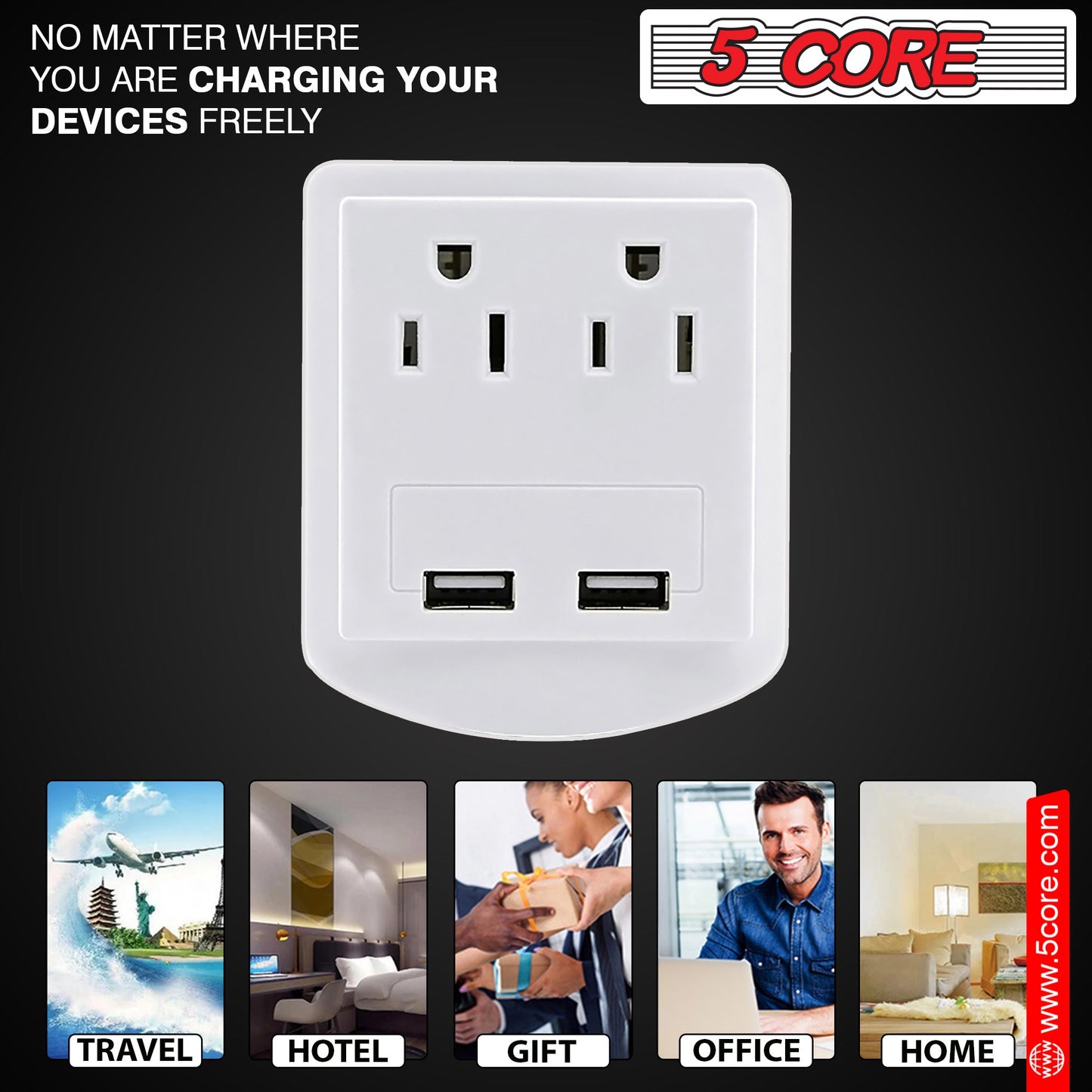 5 Core Travel Plug Adapter European International Power Plug w/ 2 USB,