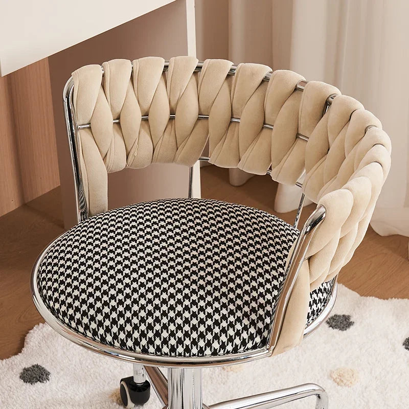 Nordic Makeup Chair With Woven Backrest, Houndstooth Pattern Seat For Bedroom,