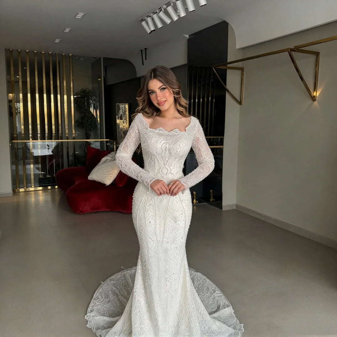 Luxury Mermaid Wedding Dress Detachable Overskirt Long Sleeve Off Shoulder Beaded Lace Bridal Gown Custom Wedding Robe For Bride