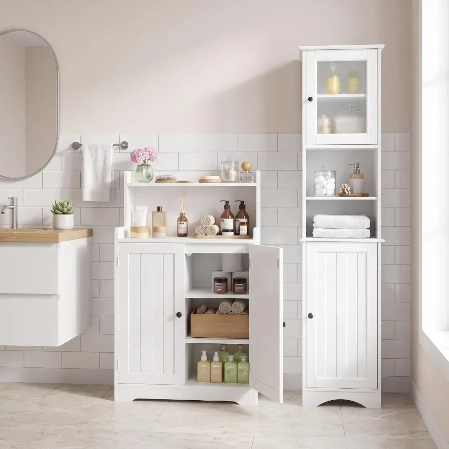 Bathroom storage cabinet combo: white MDF material, moisture-resistant finish, space-saving design for small bathrooms