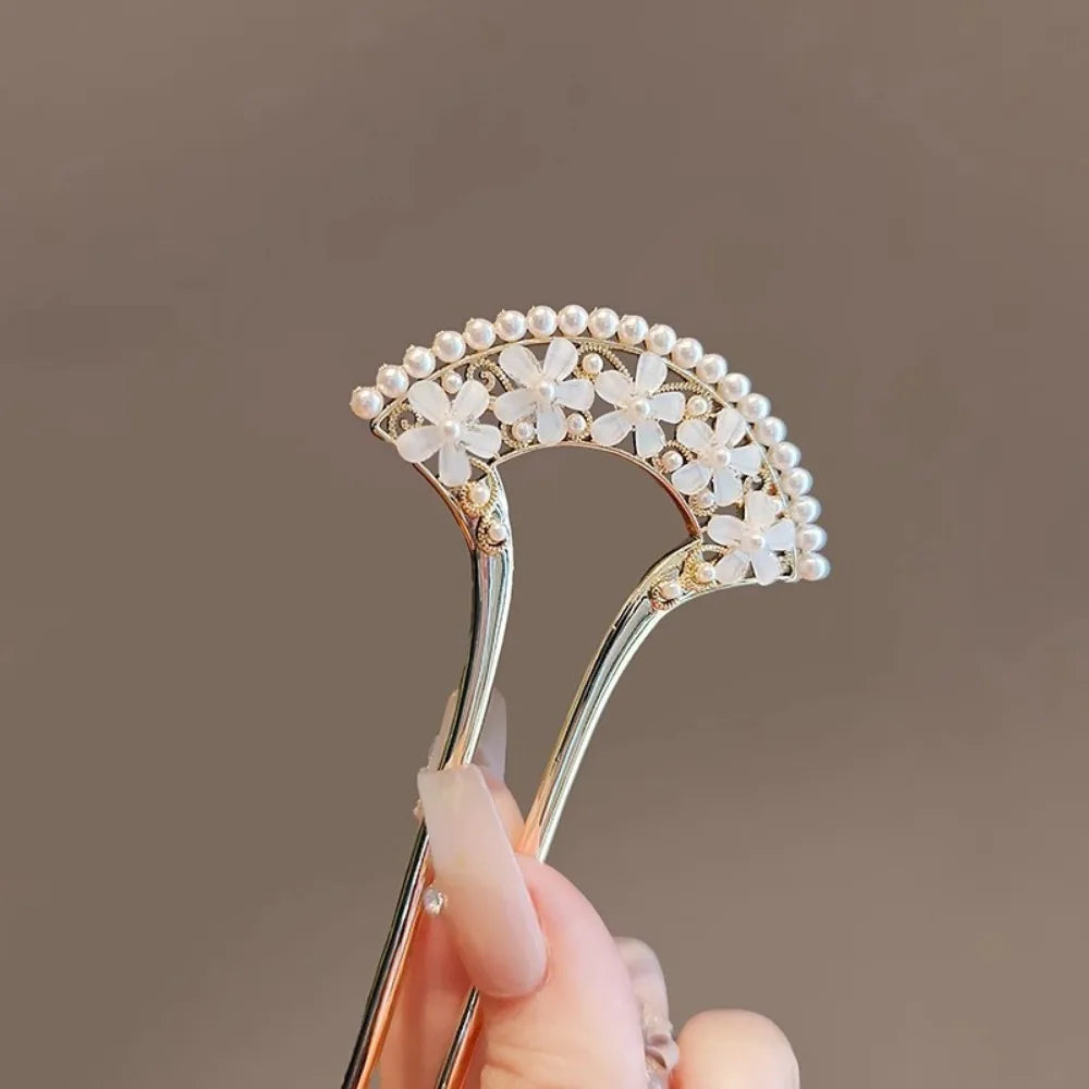 1pc Exquisite Fashion Elegant Vintage Pearl U-Pin Hair Accessory with Column Headpiece Wholesale Retro Hairpins Hair Jewelry