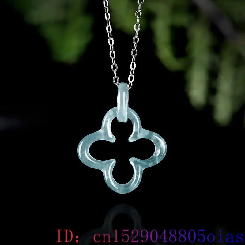 Blue Myanmar Jadeite Four Leaf Clover Pendant Necklace Luxury Charm Natural Burmese Jade Fashion Men Carved Real Jewelry
