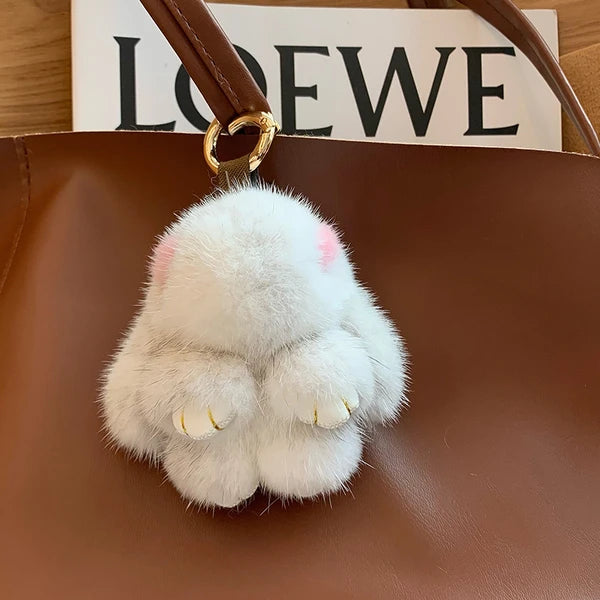 Mink Bunny Keychain Pompon Keyring Bunny For Women Bag Charms Car Key Chain Cute Rabbit Key Ring On Bag Car Trinket Pendant Gift