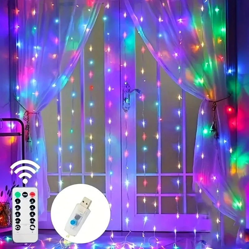 USB Plug Curtain LED Light String 8 Modes Remote Control Bedroom Wedding Party New Year Christmas Valentine's Day Decoration