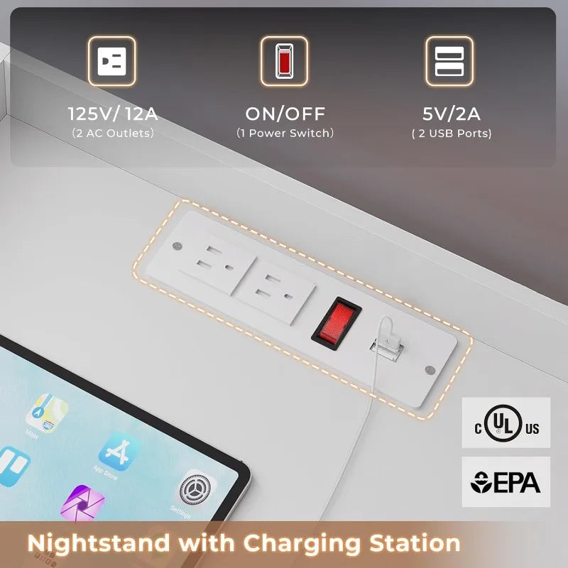 White Nightstand Set of 2,LED Night Stand with Charging Station & Pull-Out Tray,Bedside Table with Drawers,Modern End Table 2PCS