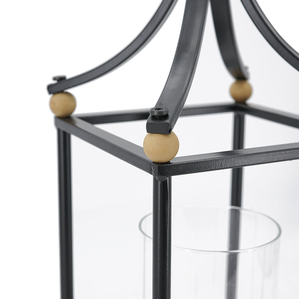 Set of 2 Black Arched Iron Lanterns with Clear Glass Hurricanes