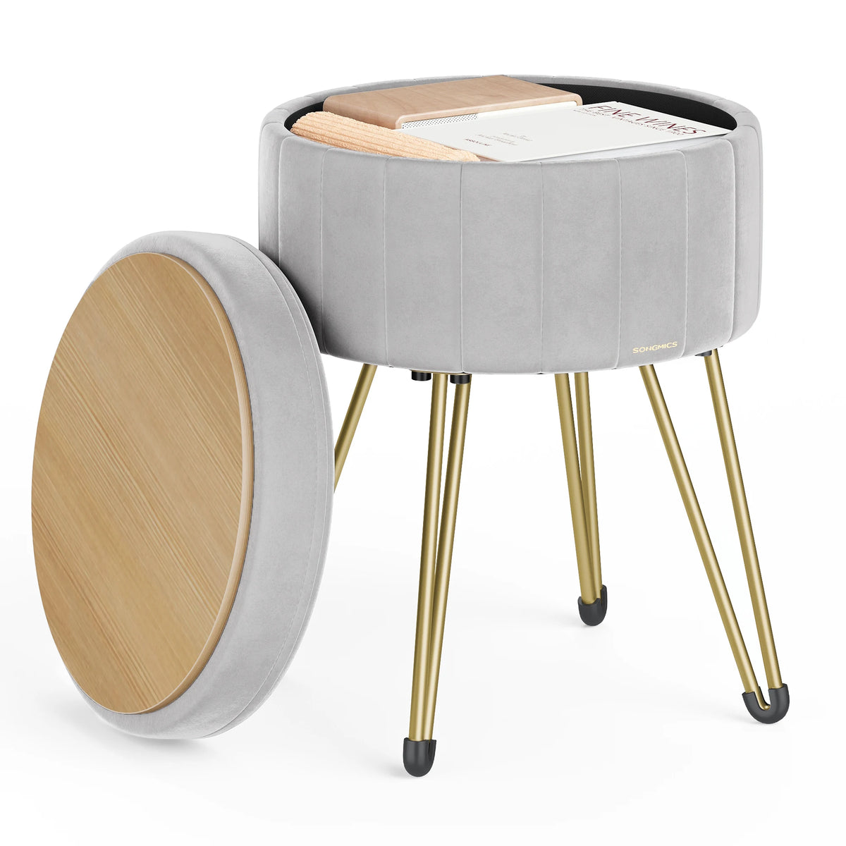 SONGMICS Vanity Stool Chair Velvet Makeup Stool With 4 Metal Legs For Room Living Room Bedroom Small Ottoman Stool With Storage