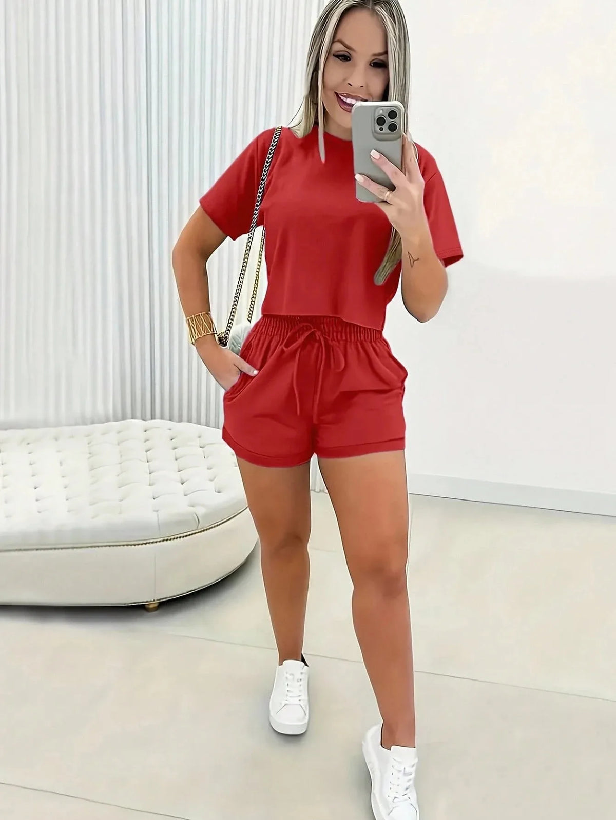 2026 Women's Short-Sleeve Set Brazilian Print T-Shirt Set Crew Neck Retro Streetwear Trendy Clothing Crop Top Sports Set