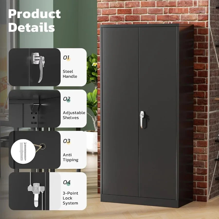 Office, home, garage, school storage cabinet; metal; black; 72 H x 36 W x 18 D with 2 doors and 4 adjustable shelves