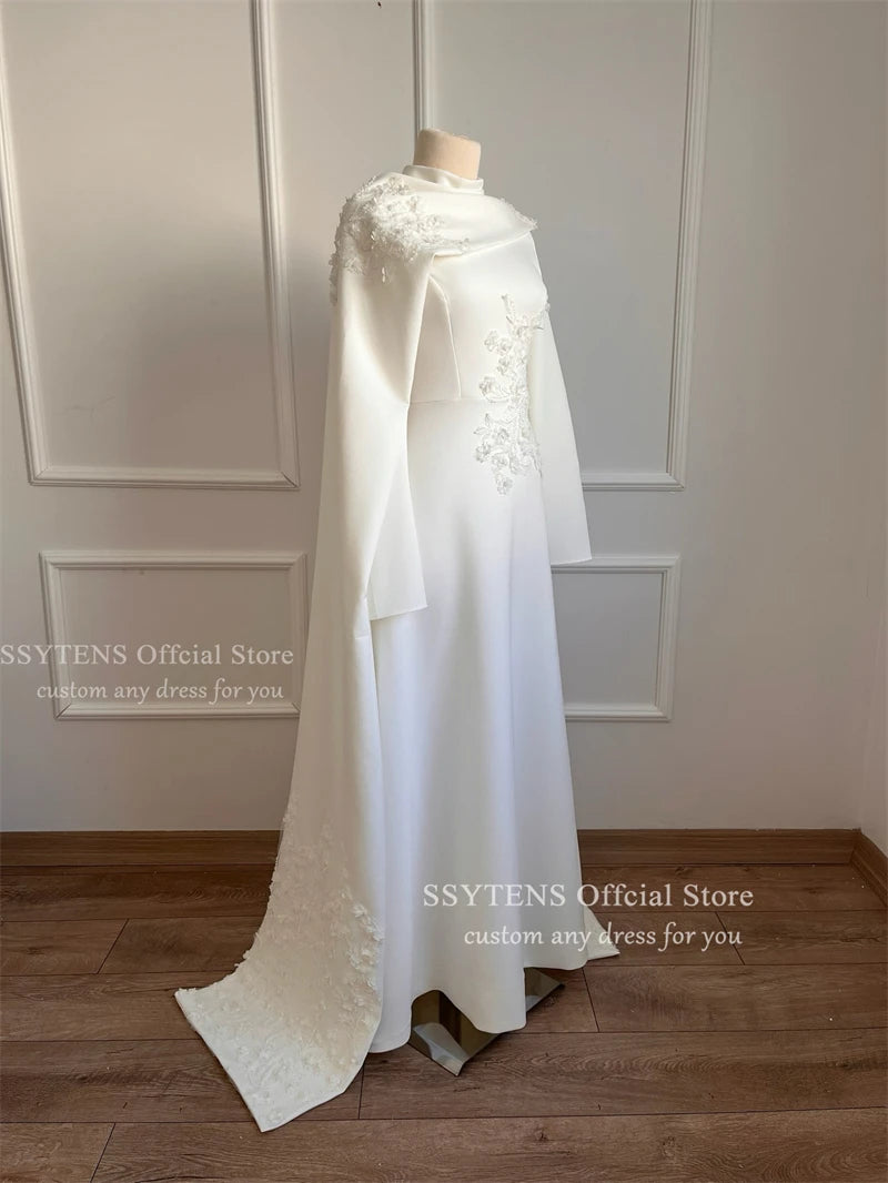 SSYTENS Modest Muslim Wedding Dresses Cape Long Sleeve Applique Customized Brides Ivory Nikkah Bridal Gown Long Vestido De Noiva