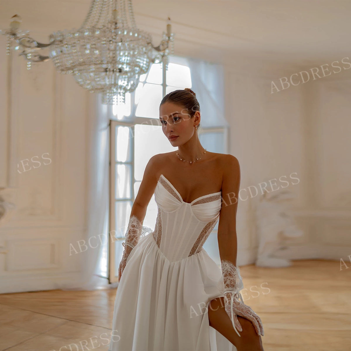 ABCDRESS Customized Elegant Strapless Ball Gown Corset Sleeveless Wedding Dresses Lace Details High Slit Bridal Dress