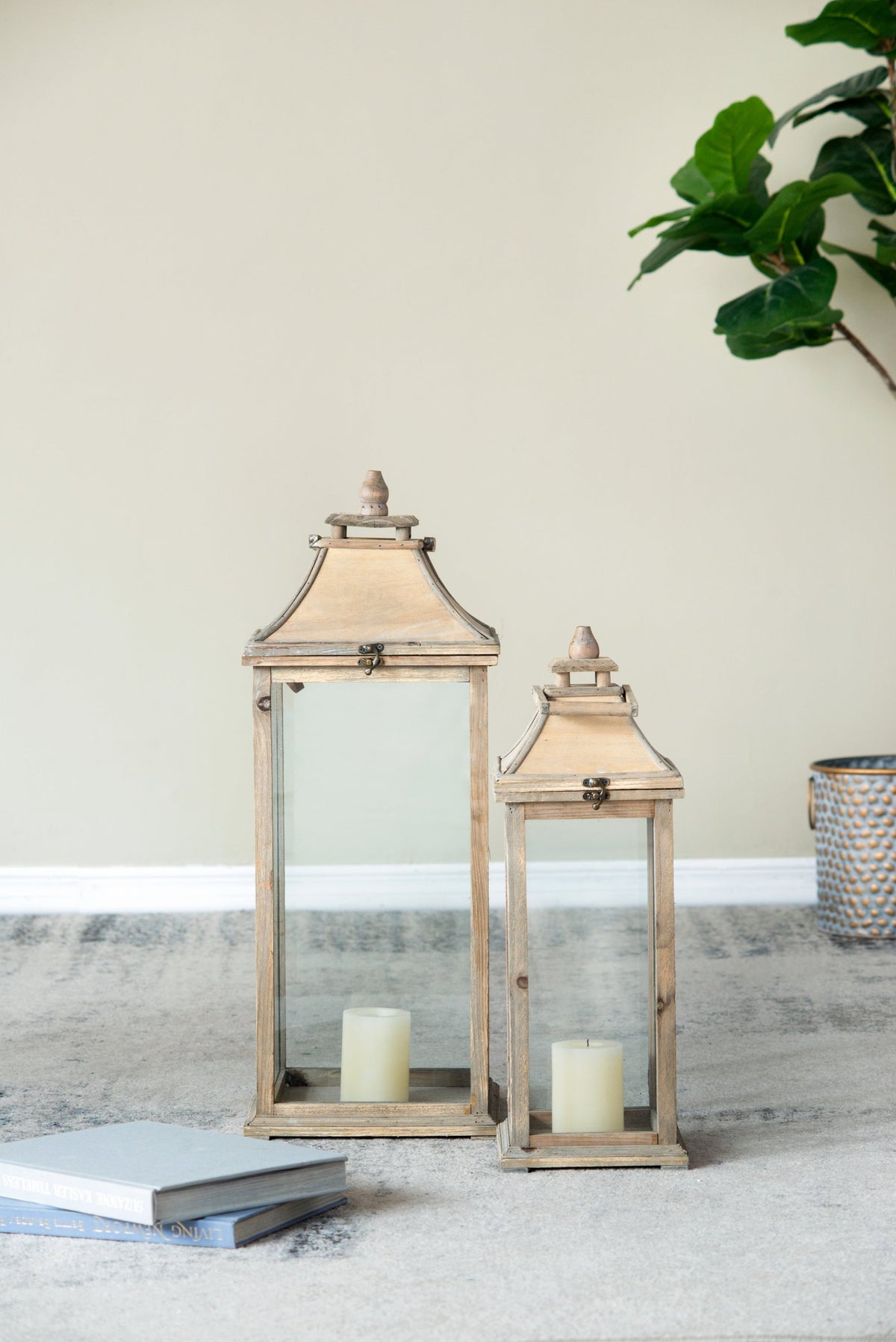 Set of 2 Ivory Wood & Glass Candle Lanterns