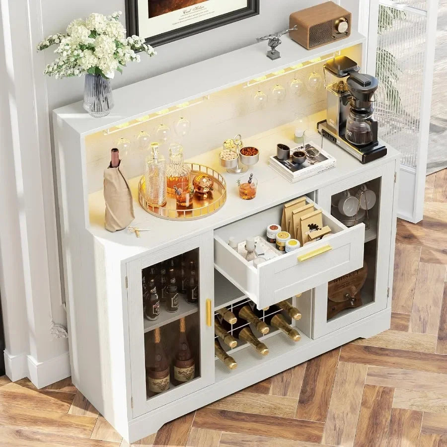 Coffee Bar Cabinet with RGB LED Light and Storage Hutch for home bar use, white MDF material, modern design with adjustable she